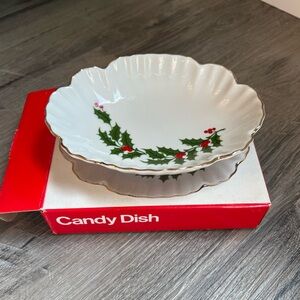 Festive Holly Candy Dish with Gold Trim